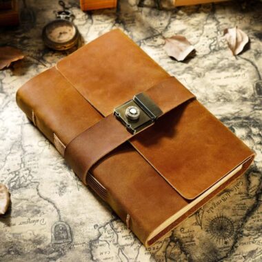 Vintage thick leather notebook with secure password lock