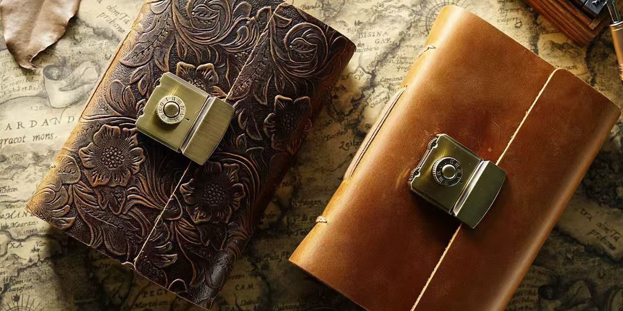 Vintage thick leather notebook with secure password lock