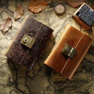 Vintage thick leather notebook with secure password lock