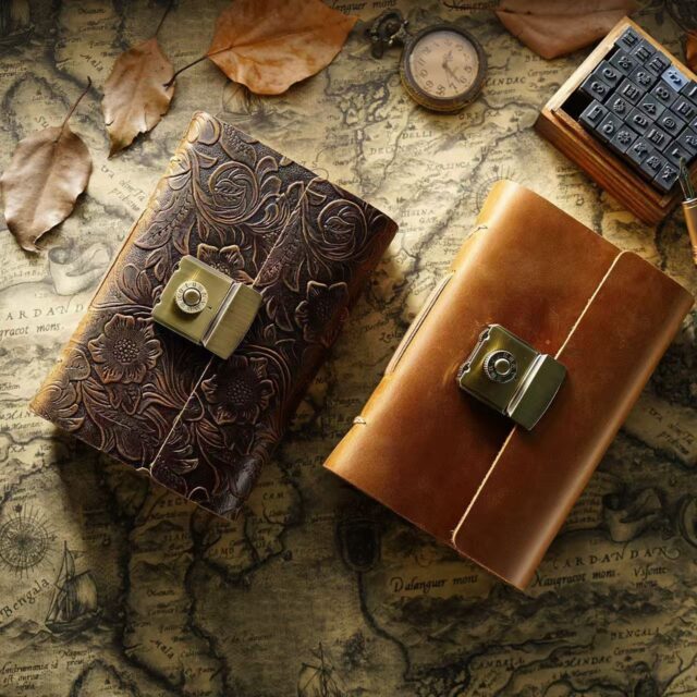 Vintage thick leather notebook with secure password lock