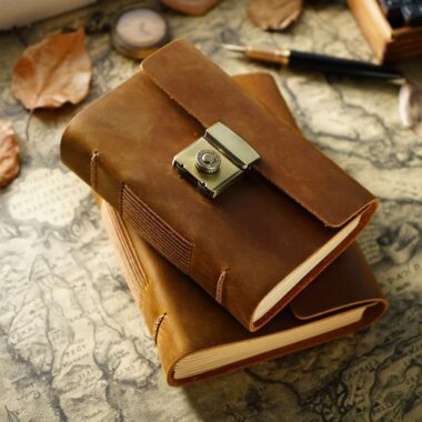 Vintage thick leather notebook with secure password lock